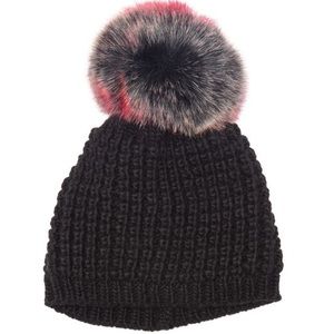KYI KYI Faux Fur Pompom Classic Beanie Hat, Black/Red, One Size, NWT